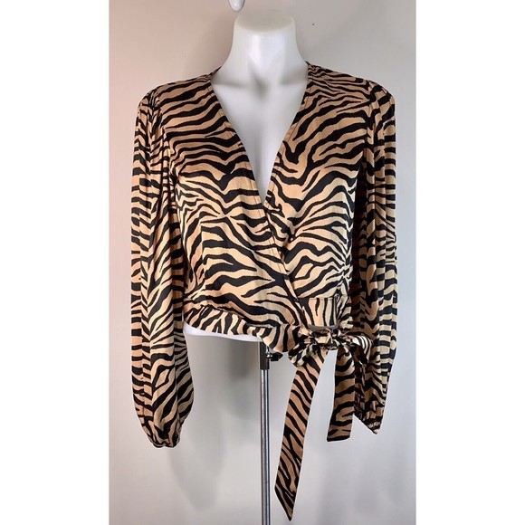 Bardot Tops - Bardot Tiger Print Long Sleeve Wrap Side Tie Crop Top Copper Size XS